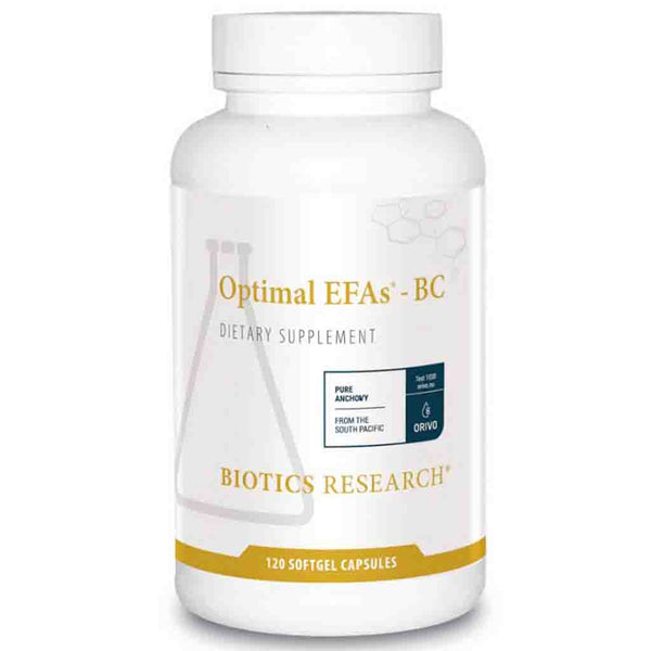 Supplement bottle labeled 'Optimal EFAs - BC' by Biotics Research on a white background