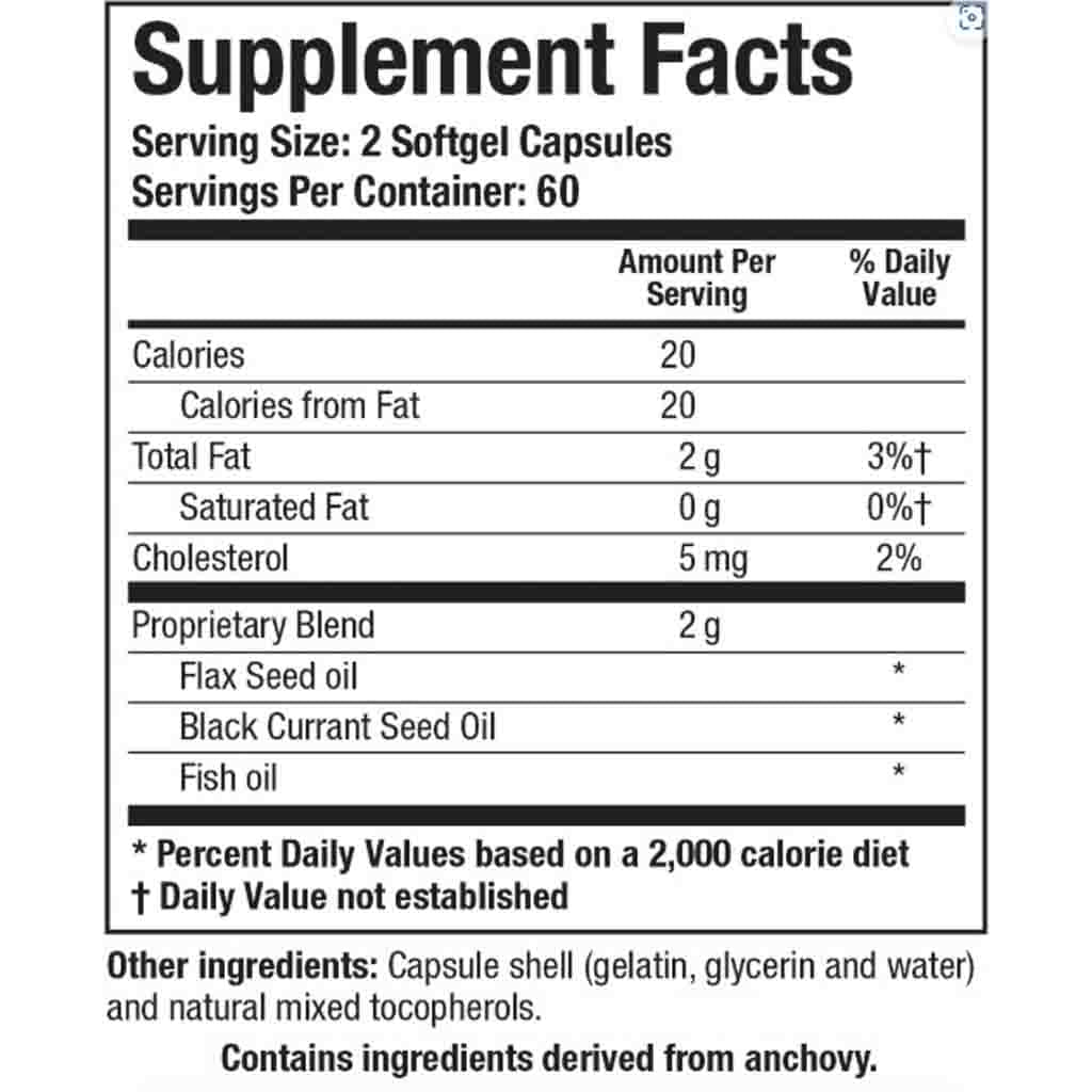 Supplement facts label for a product with nutritional information.