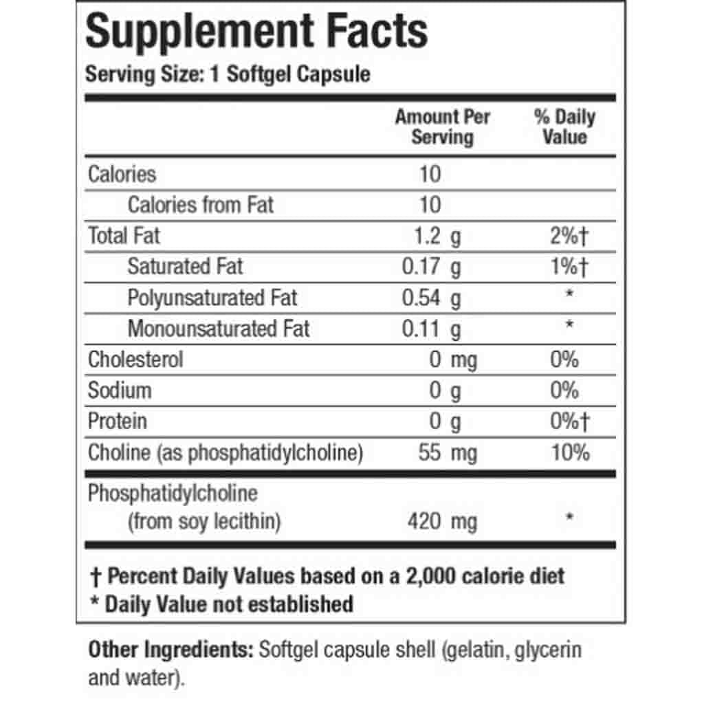 Supplement facts label for a softgel capsule with nutritional information.