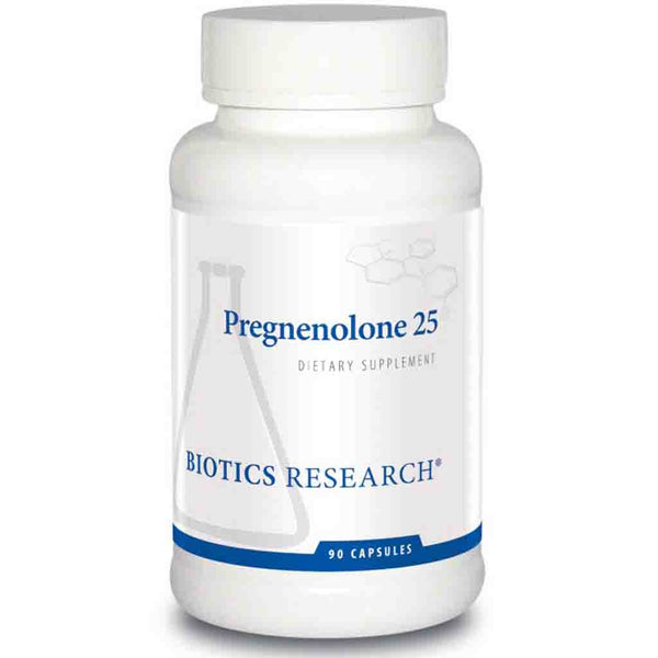 Supplement bottle labeled 'Pregnenolone 25' by Biotics Research on a white background