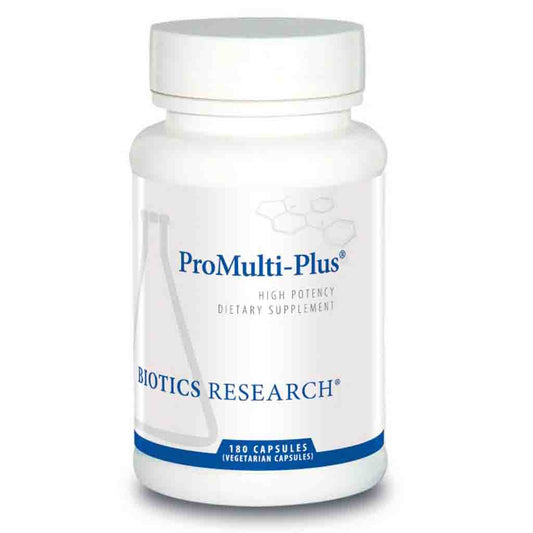 Bottle of ProMulti-Plus dietary supplement by Biotics Research on a white background