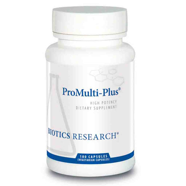 Bottle of ProMulti-Plus dietary supplement by Biotics Research on a white background