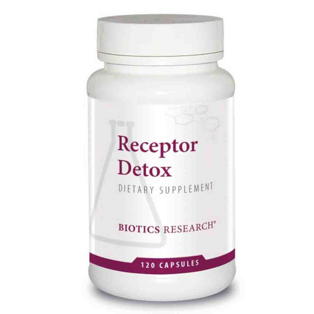 Supplement bottle labeled 'Receptor Detox' by Biotics Research on a white background