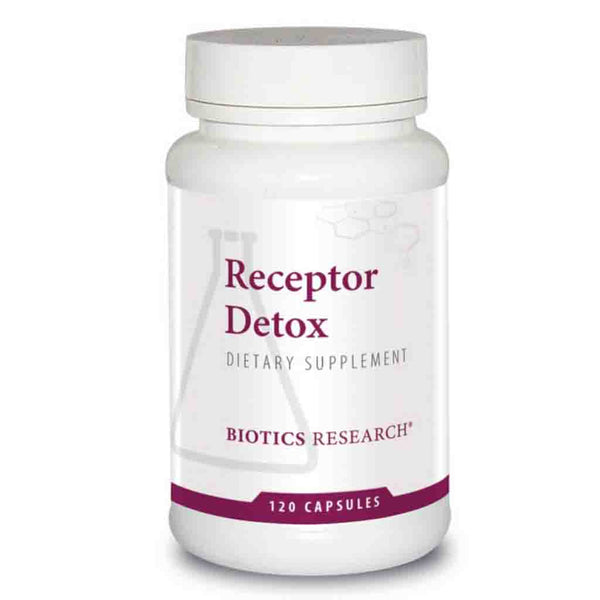 Supplement bottle labeled 'Receptor Detox' by Biotics Research on a white background