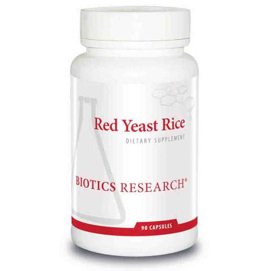 Bottle of Red Yeast Rice dietary supplement by Biotics Research on a white background