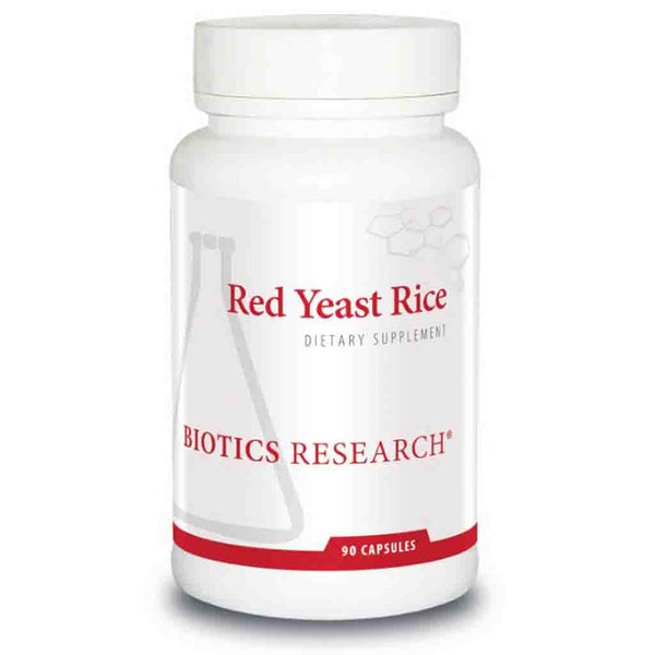 Bottle of Red Yeast Rice dietary supplement by Biotics Research on a white background