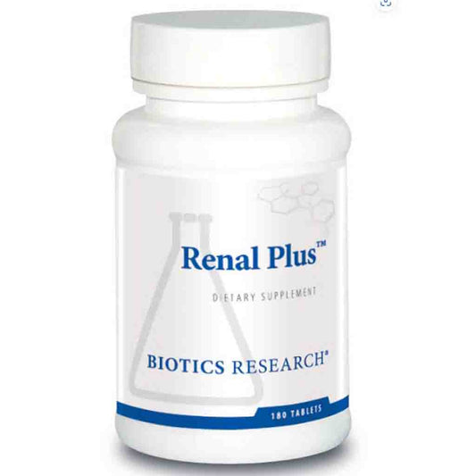 Bottle of Renal Plus dietary supplement by Biotics Research on a white background