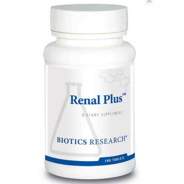 Bottle of Renal Plus dietary supplement by Biotics Research on a white background