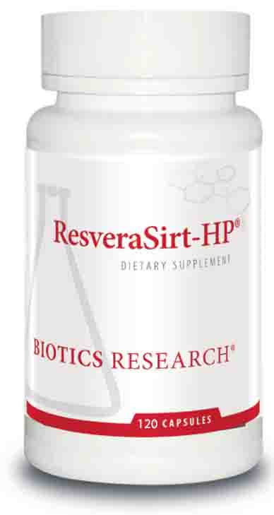 Supplement bottle labeled 'ResveraSirt-HP' by Biotics Research on a white background