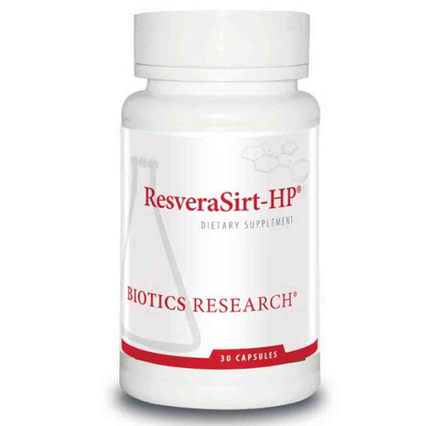 Supplement bottle labeled 'ResveraSirt-HP' by Biotics Research on a white background
