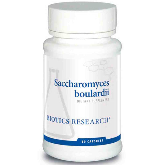 Supplement bottle labeled 'Saccharomyces boulardii' by Biotics Research on a white background