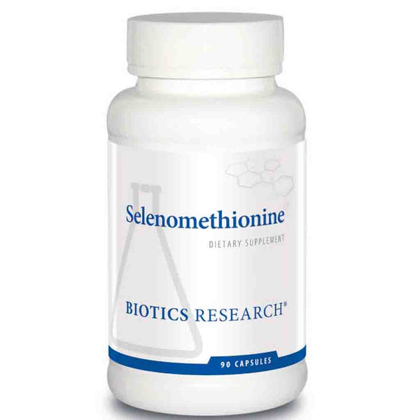 Bottle of Biotics Research Selenomethionine dietary supplement on a white background
