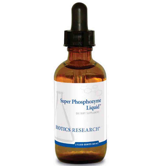 Bottle of Super Phosphozyme Liquid dietary supplement with a dropper on a white background