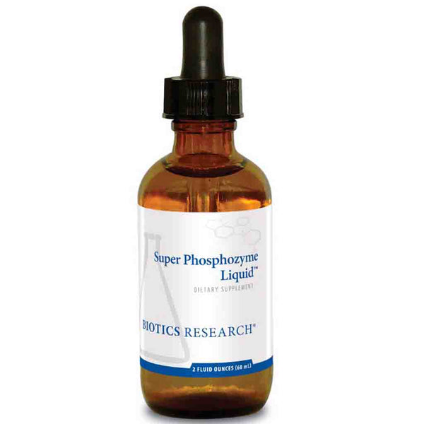 Bottle of Super Phosphozyme Liquid dietary supplement with a dropper on a white background