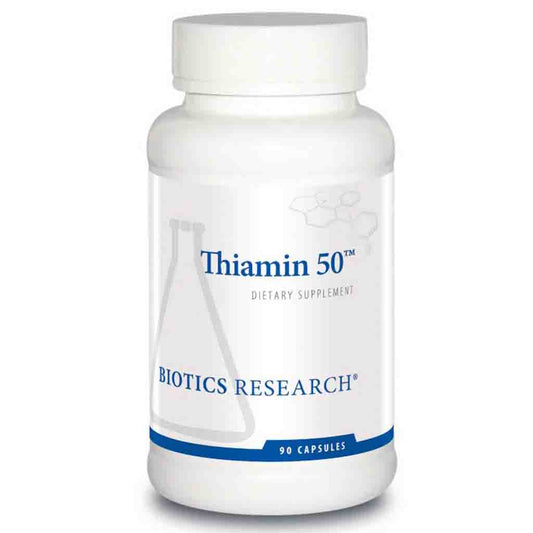 Thiamin 50 dietary supplement bottle by Biotics Research on a white background