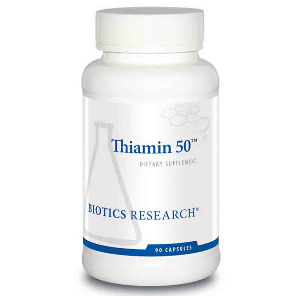 Thiamin 50 dietary supplement bottle by Biotics Research on a white background