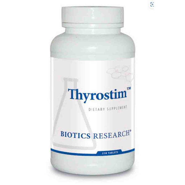Thyrostim dietary supplement bottle by Biotics Research on a white background