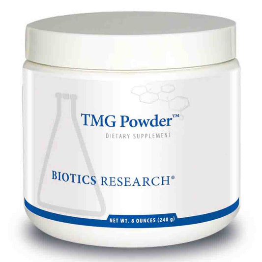 Jar of TMG Powder by Biotics Research on a white background