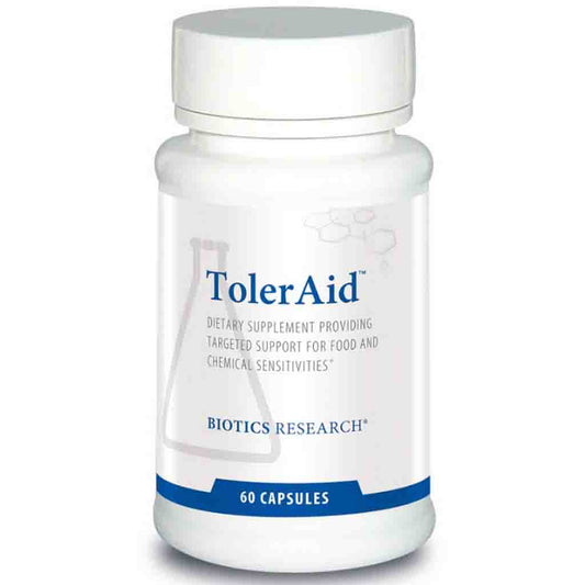 TolerAid dietary supplement bottle by Biotics Research on a white background