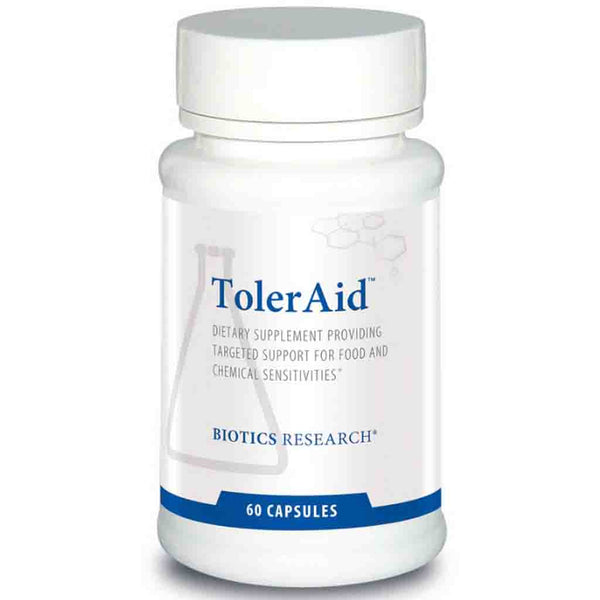 TolerAid dietary supplement bottle by Biotics Research on a white background