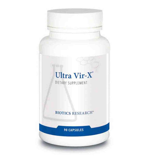 Bottle of Ultra Vir-X dietary supplement by Biotics Research on a white background