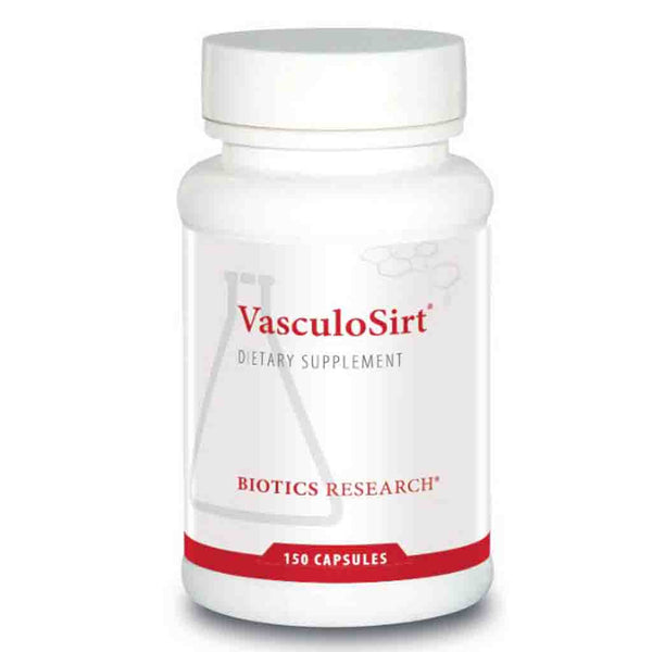 VasculoSirt dietary supplement bottle with Biotics Research branding on a white background