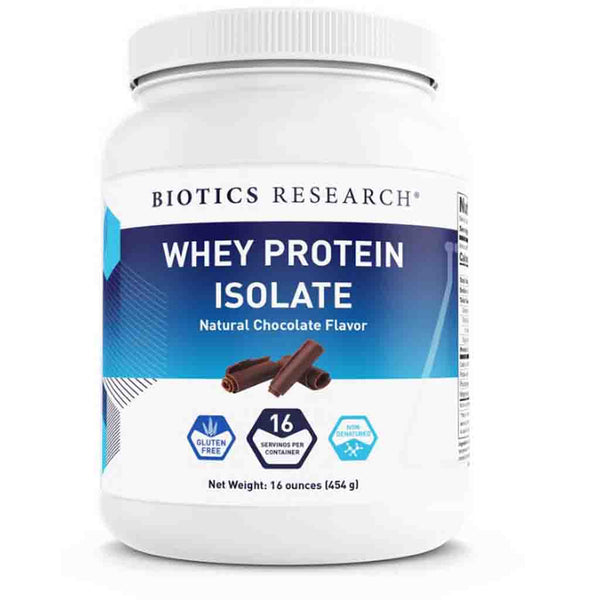 Biotics Research Whey Protein Isolate container with blue label on a white background