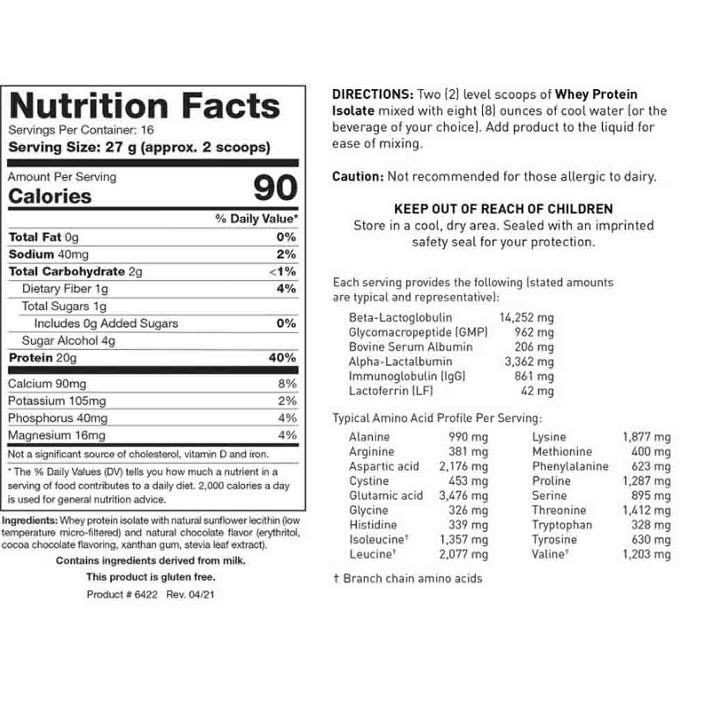 Nutrition facts label and directions for a protein product on a white background