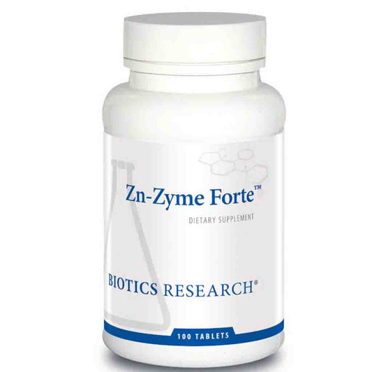 Bottle of Zn-Zyme Forte dietary supplement by Biotics Research on a white background