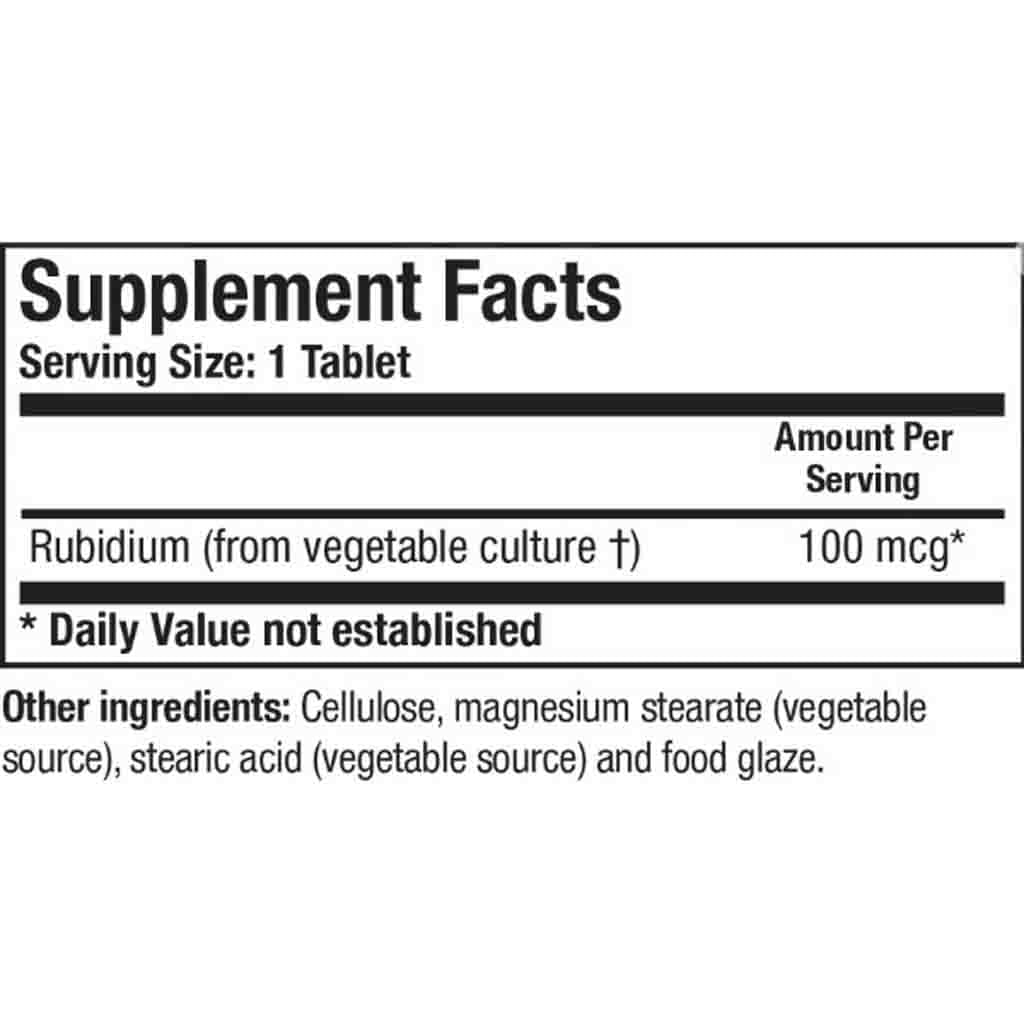 Supplement facts label for a tablet with rubidium content on a white background