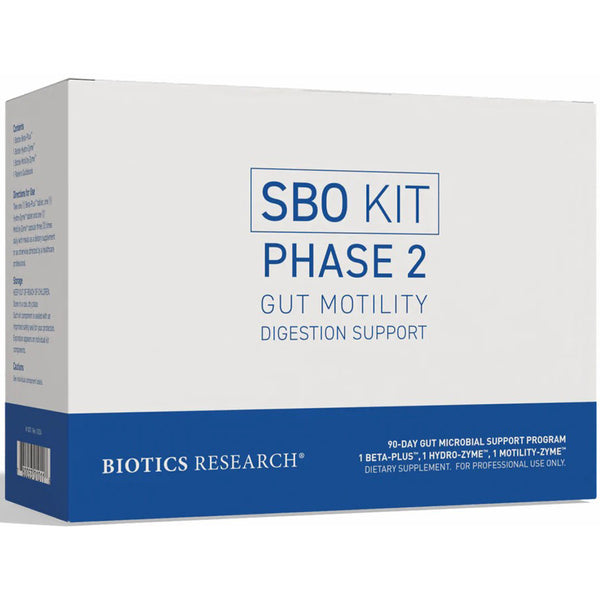 SBO Kit Phase 2 packaging for gut motility support by Biotics Research on a white background