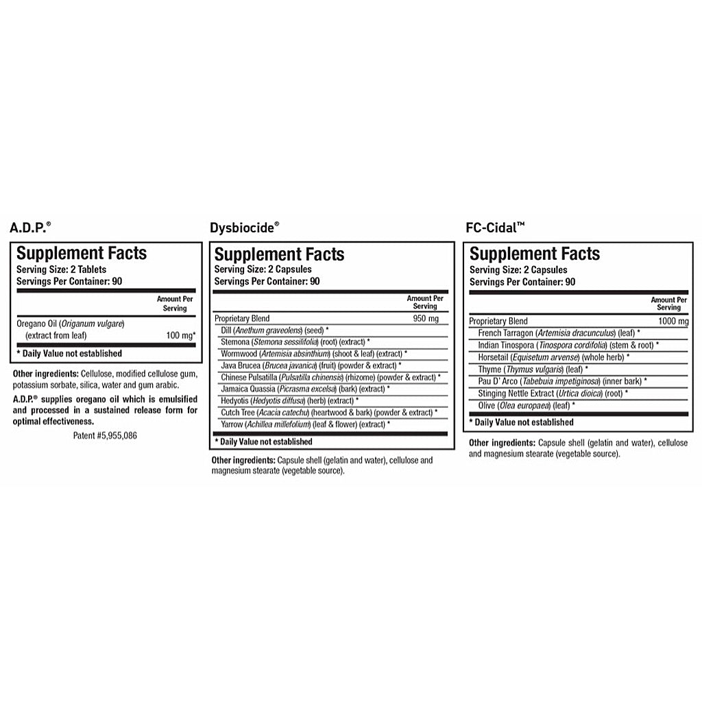 Supplement facts label for three different products on a white background