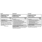 Supplement facts label for three different products on a white background