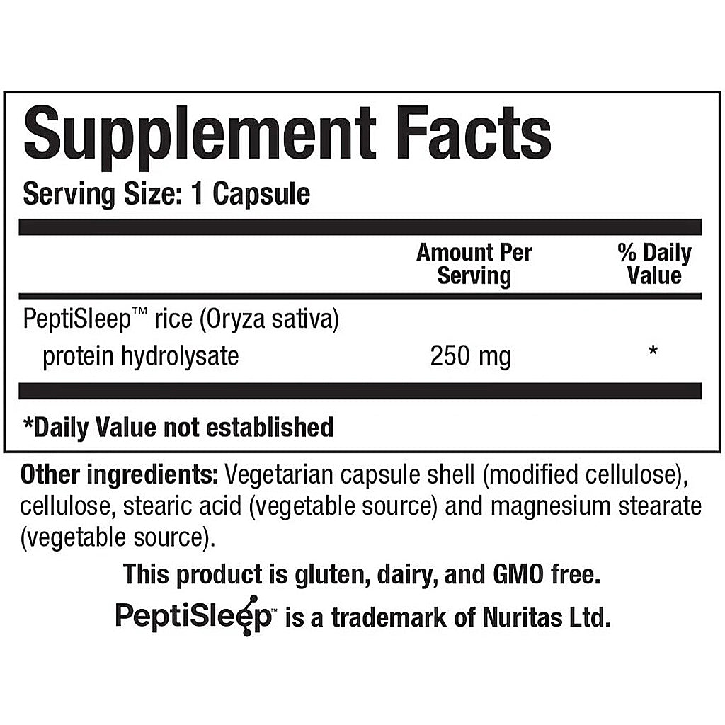 Supplement facts label for PeptiSleep with serving size, ingredients, and branding information.