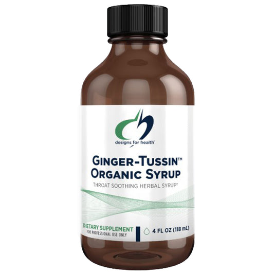 Bottle of Ginger-Tussin Organic Syrup with a white label on a white background