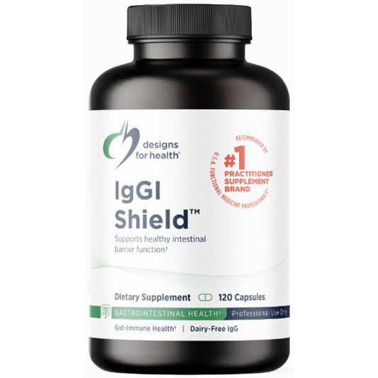 Supplement bottle labeled 'IgGI Shield' by Designs for Health on a white background