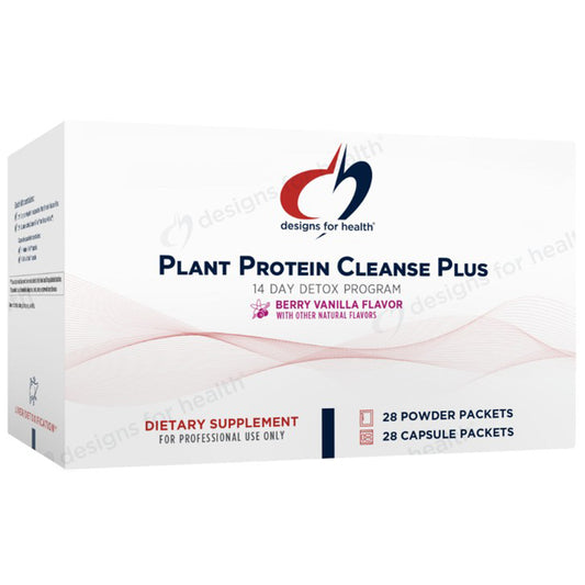 Box of 'Plant Protein Cleanse Plus' dietary supplement by Designs for Health on a white background.