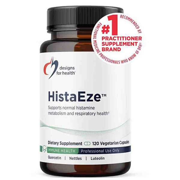 Supplement bottle labeled 'HistaEze' by Designs for Health on a white background