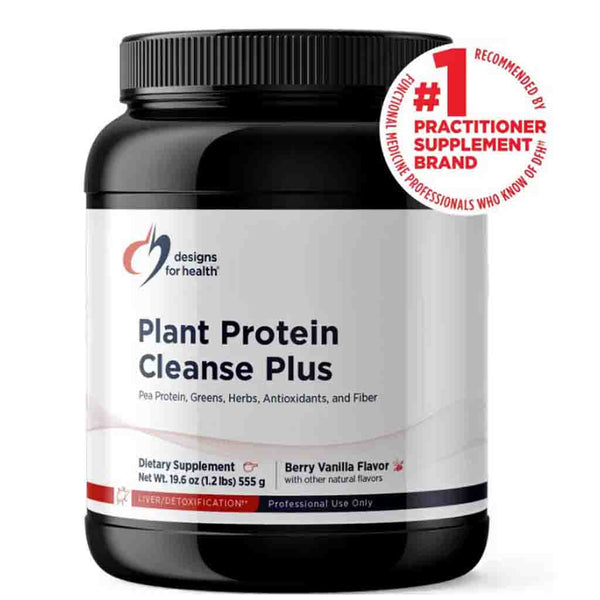 Supplement bottle labeled 'Plant Protein Cleanse Plus' with a brand logo and certification badge on a white background.