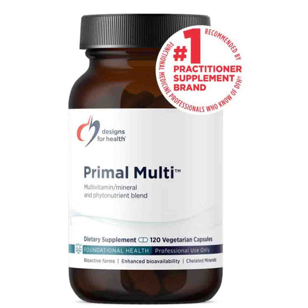 Supplement bottle labeled 'Primal Multi' by Designs for Health on a white background