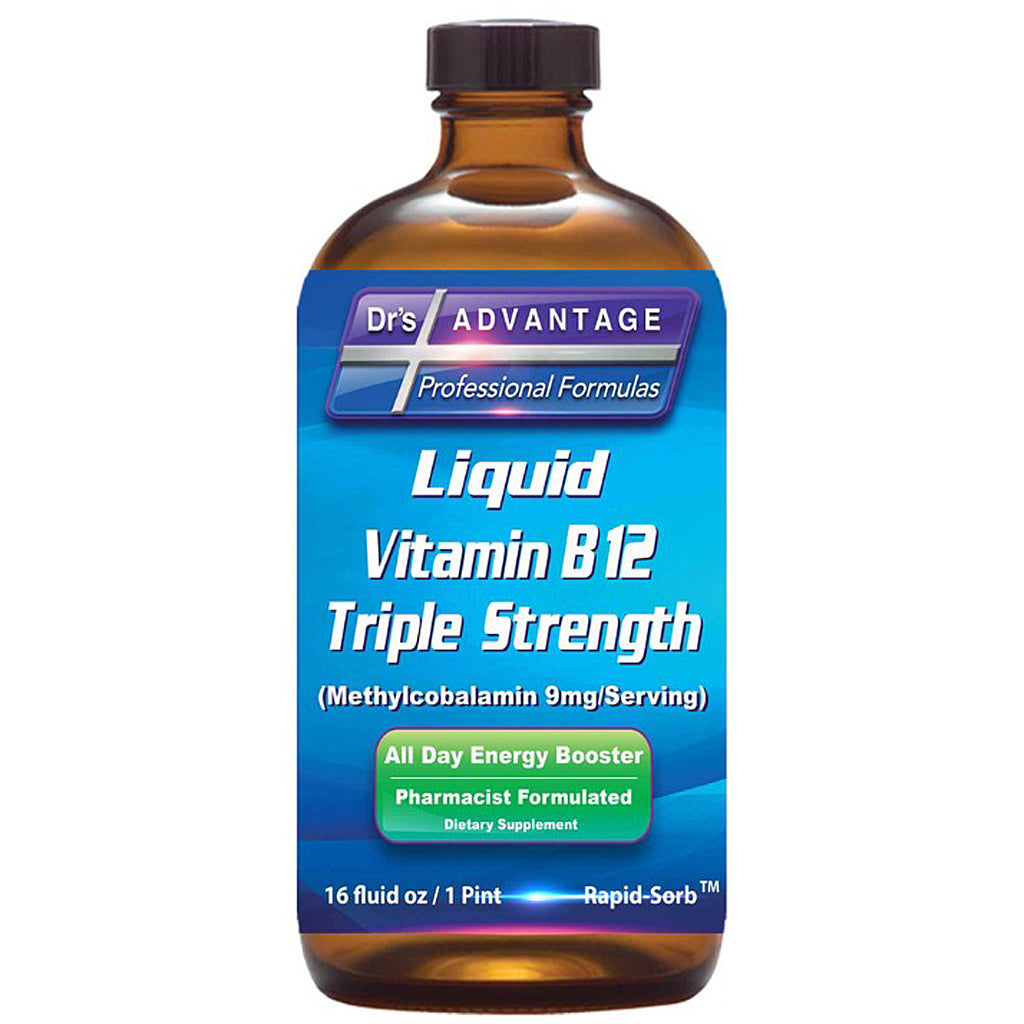 Bottle of Dr's Advantage Liquid Vitamin B12 Triple Strength on a white background