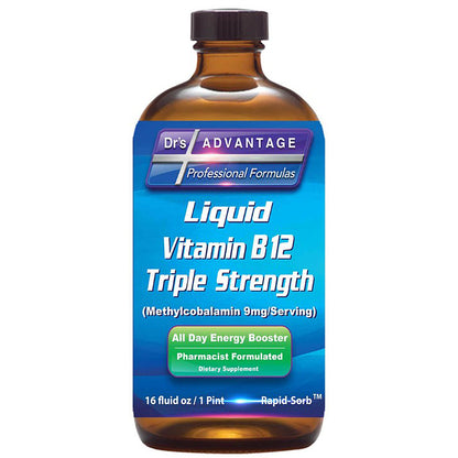 Bottle of Dr's Advantage Liquid Vitamin B12 Triple Strength on a white background