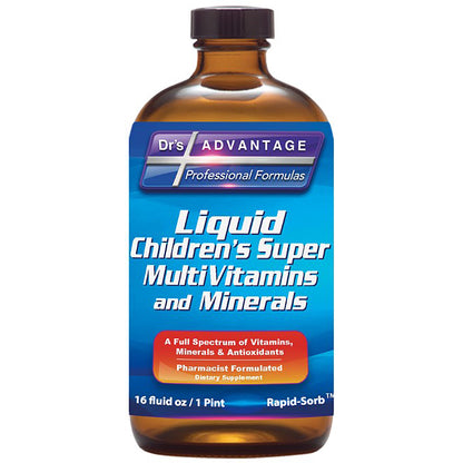 Bottle of Dr's Advantage Liquid Children's Super MultiVitamins and Minerals on a white background