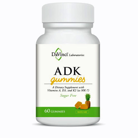 Bottle of DaVinci Laboratories ADK gummies on a white background
