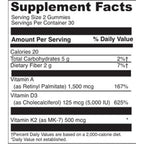 Supplement facts label for gummy vitamins with nutritional information.