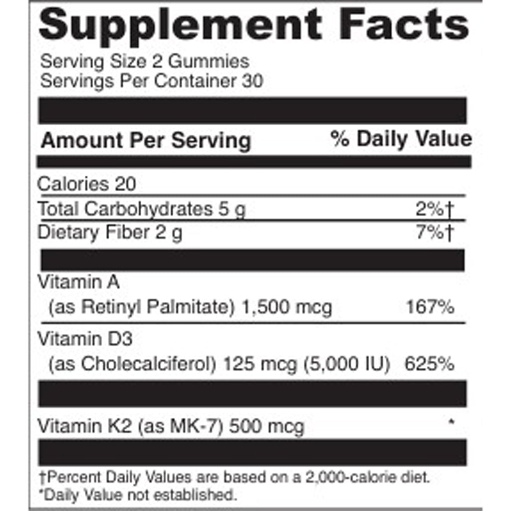 Supplement facts label for gummy vitamins with nutritional information.