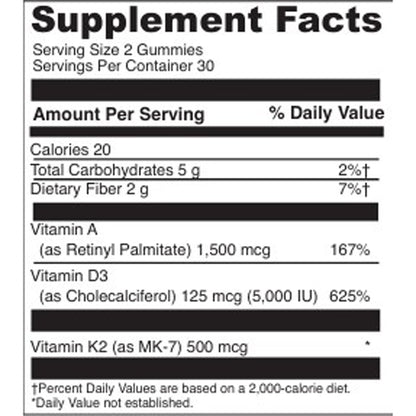 Supplement facts label for gummy vitamins with nutritional information.