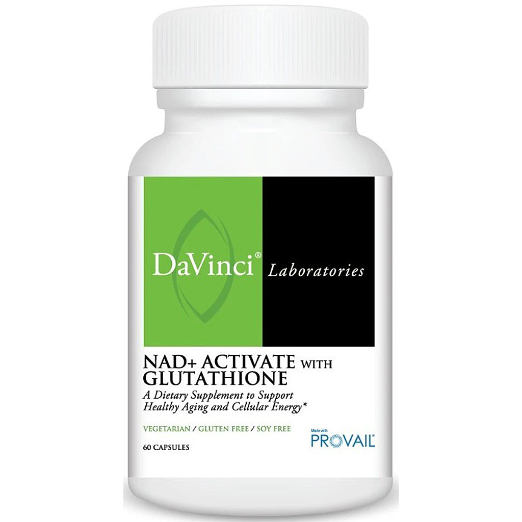 Supplement bottle labeled 'NAD+ Activate with Glutathione' by DaVinci Laboratories on a white background