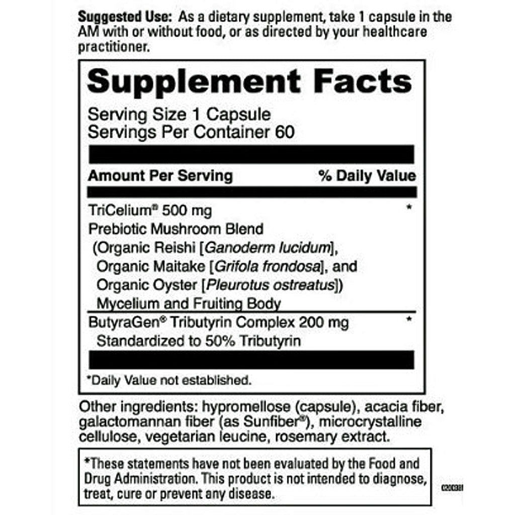 Supplement label with text and product details on a white background