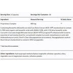 Nutritional supplement label with ingredient list and serving information.